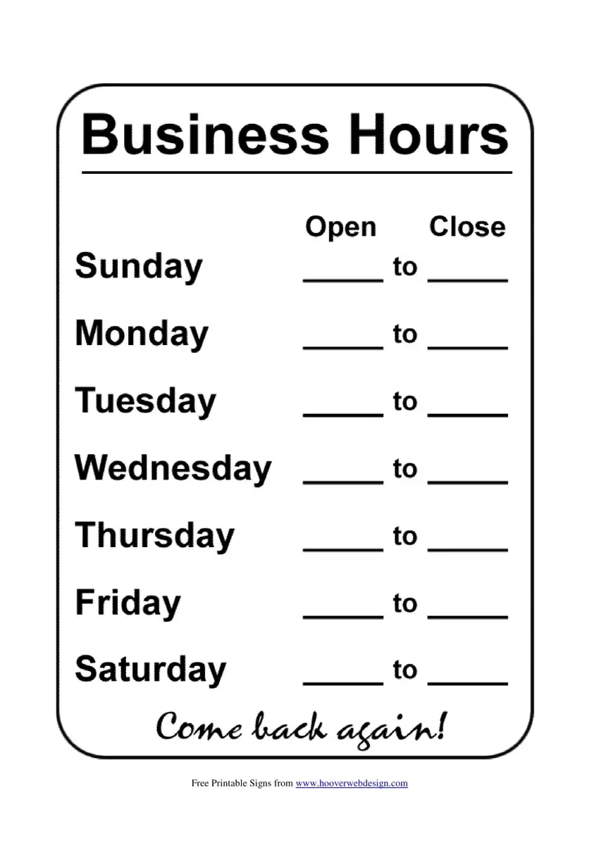 Business Hours Template Fill Out Printable PDF Forms Online