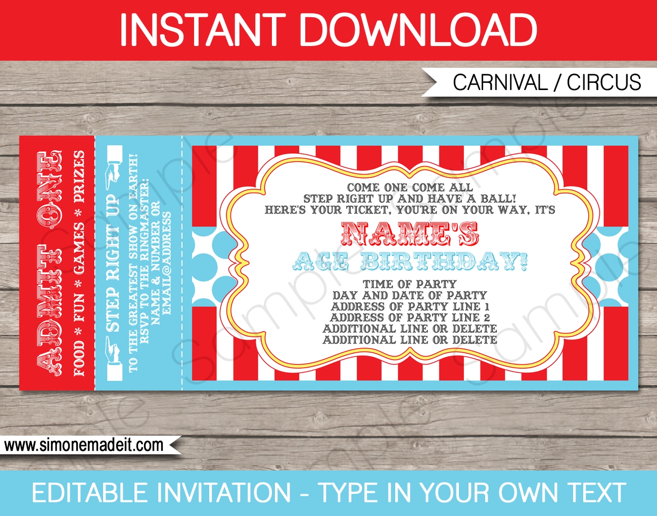 Circus Ticket Invitation Template Red aqua