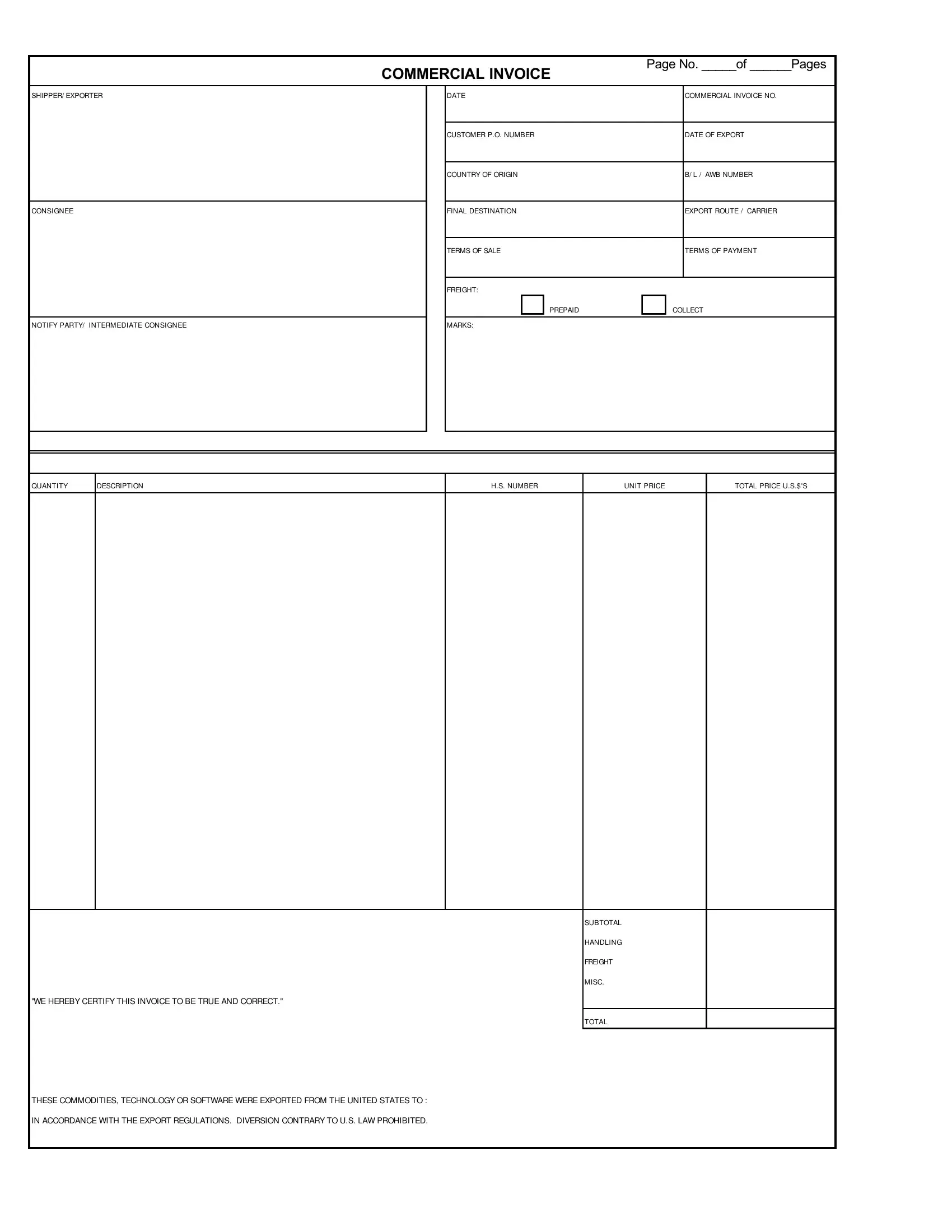 Commercial Invoice Blank Form Fill Out Printable PDF Forms Online