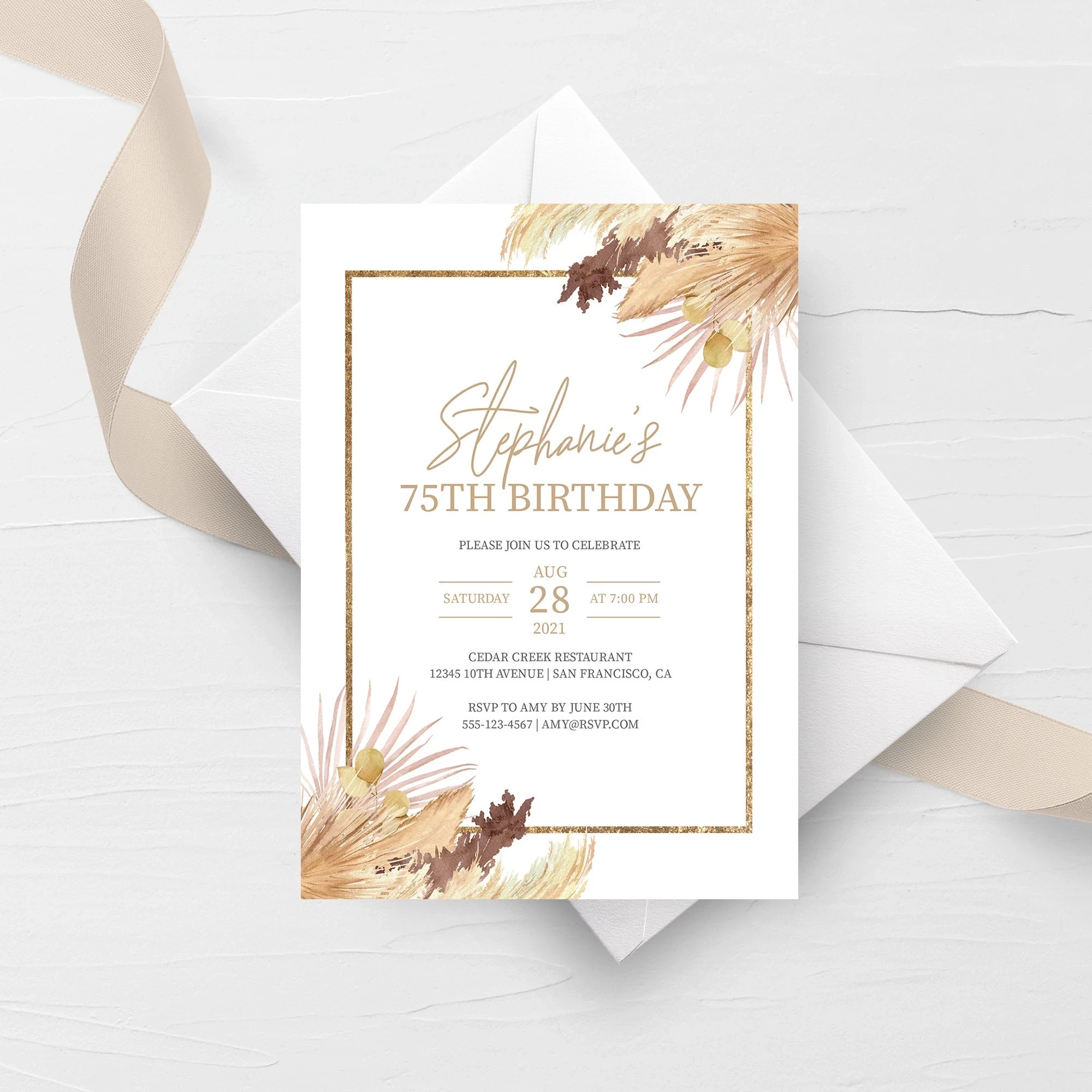 Desert Boho 75th Birthday Invitation Template Printable Pampas Grass Party Invite Editable INSTANT DOWNLOAD DP100 Desert Boho 75th Birthday Invitation Template Printable Pampas Grass Party Invite Editable INSTANT DOWNLOAD DP100