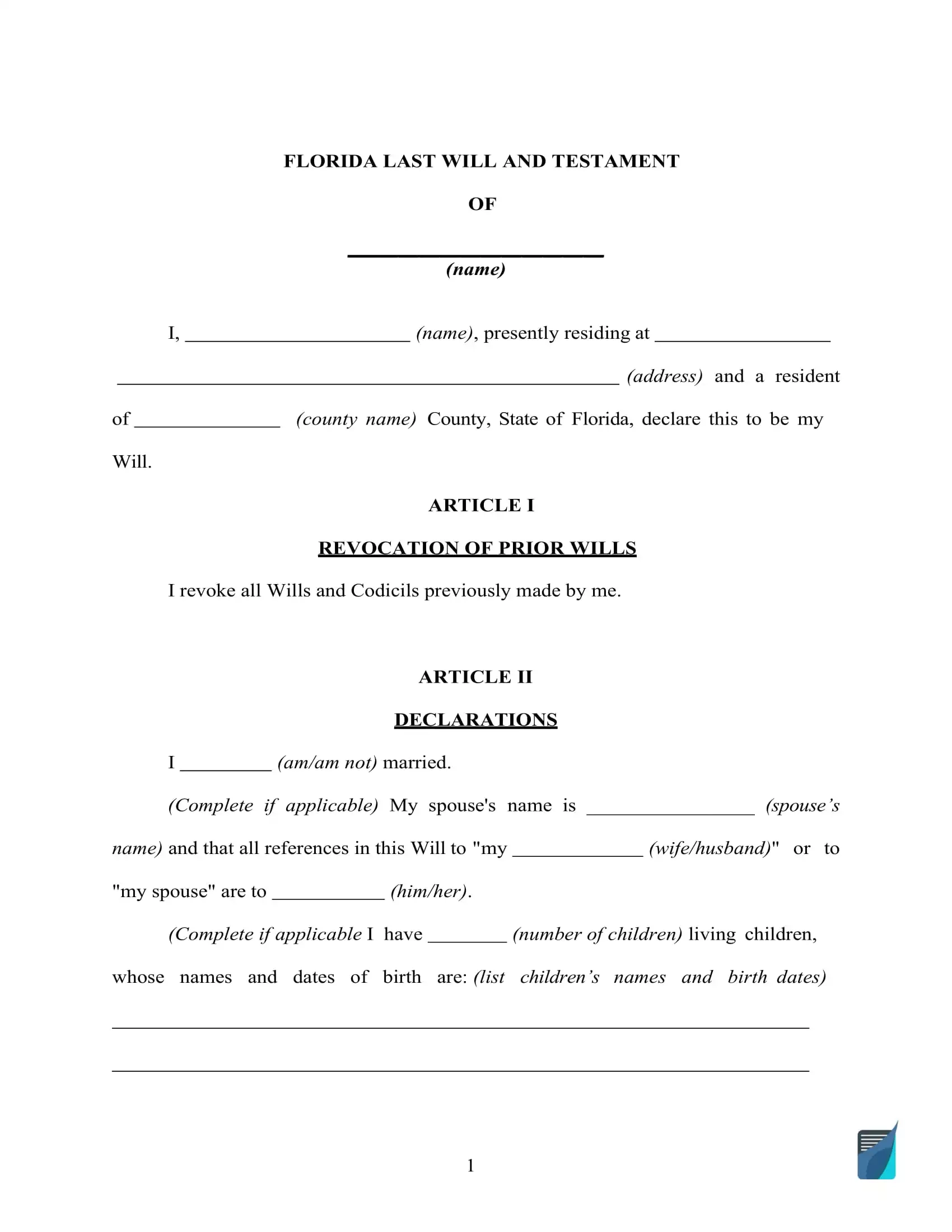 Fillable Florida Last Will And Testament Form Free FormsPal