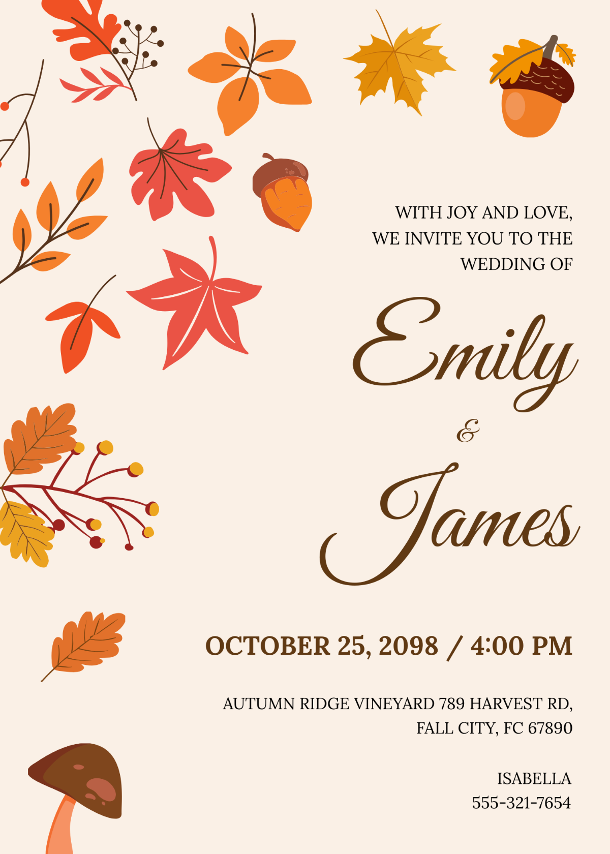 Free Fall Wedding Invitation With Acorns Template To Edit Online