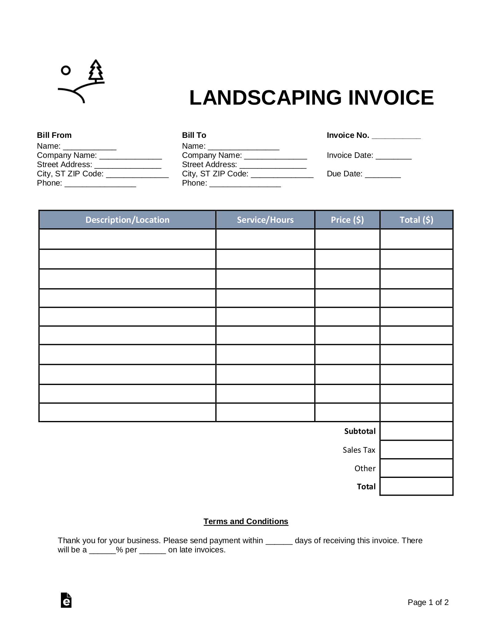 Blank Printable Lawn Care Invoice Template