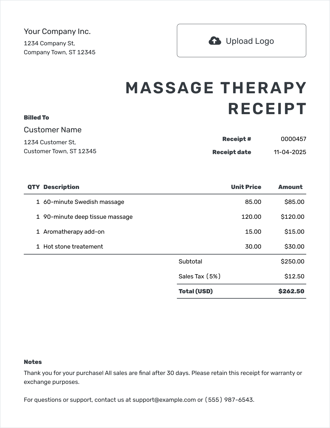 Free Massage Therapy Receipt Template Docelf