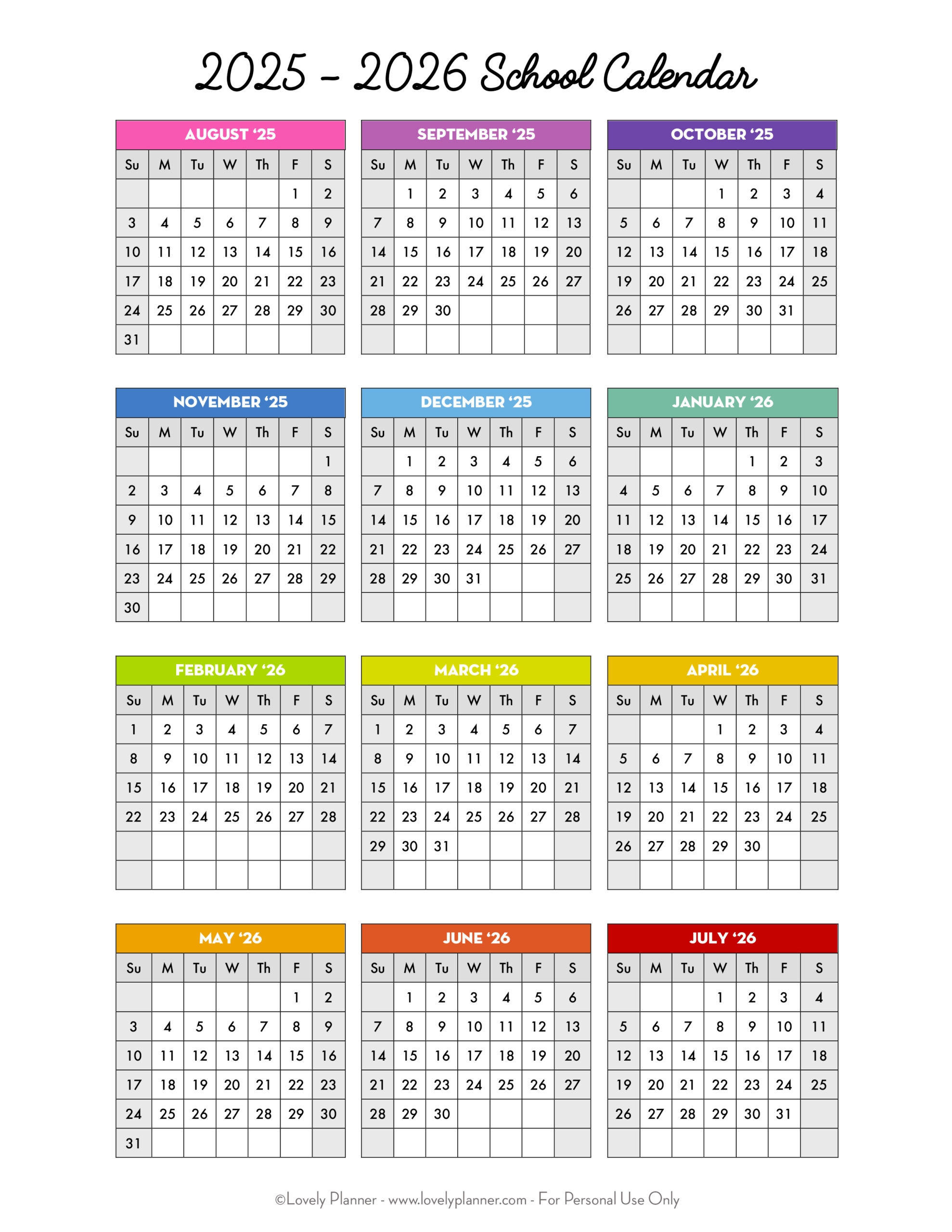 Free Printable 2025 2026 School Calendar One Page Academic Free Printable 2025 2026 School Calendar One Page Academic