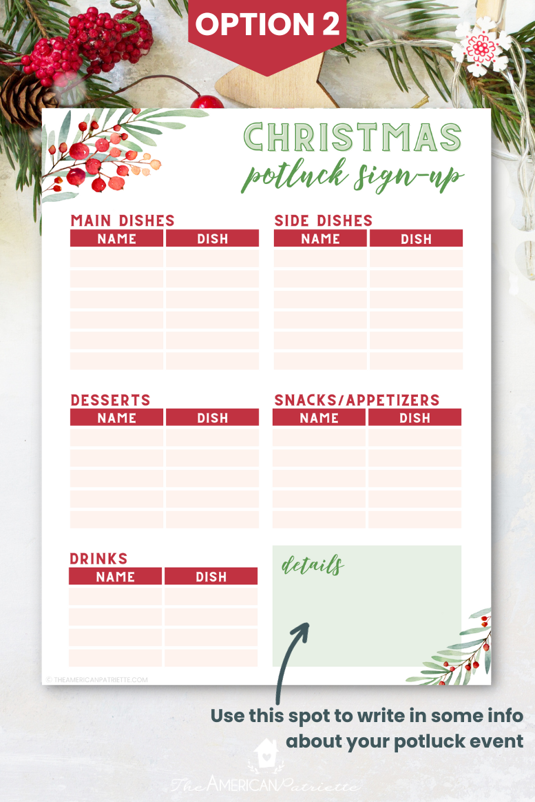 Printable Holiday Potluck Sign Up Sheet Template