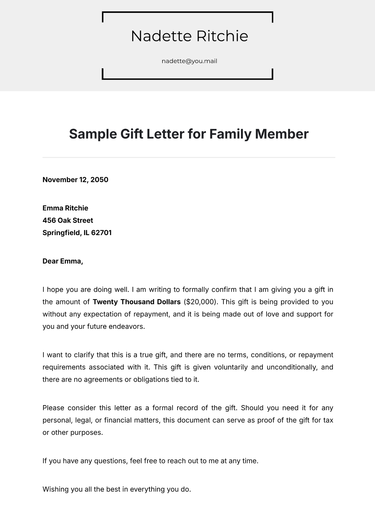 Free Sample Gift Letter For Family Member Template To Edit Online