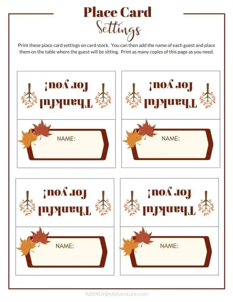 Free Thanksgiving Place Cards Printable Printable Party Favors