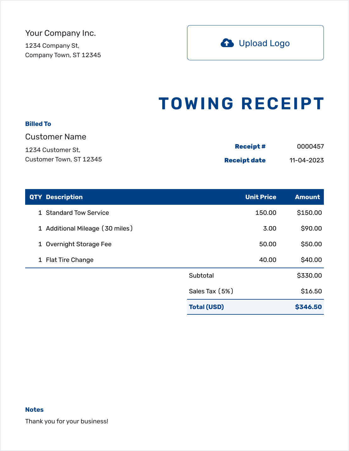 Printable Tow Invoice Template