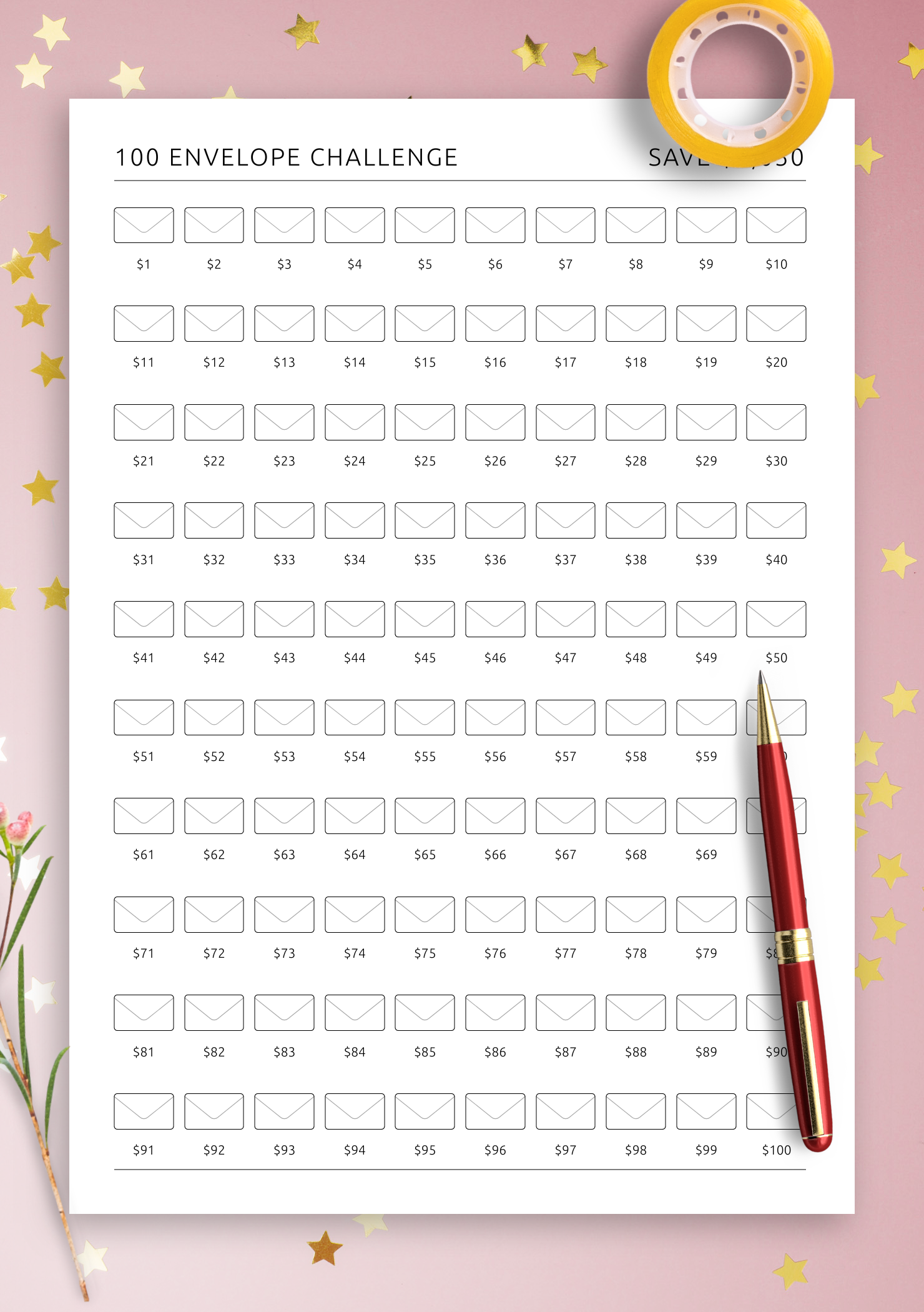 Get 100 Envelope Challenge Template Printable Or Digital PDF For Get 100 Envelope Challenge Template Printable Or Digital PDF For