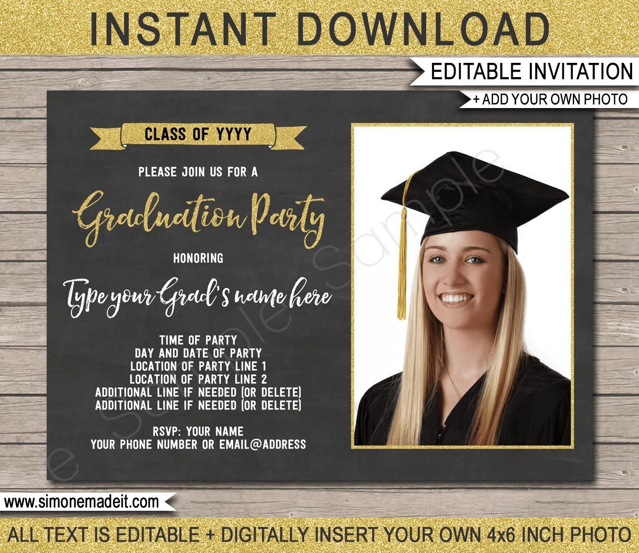 Graduation Photo Invitations Template Gold Glitter amp Chalkboard