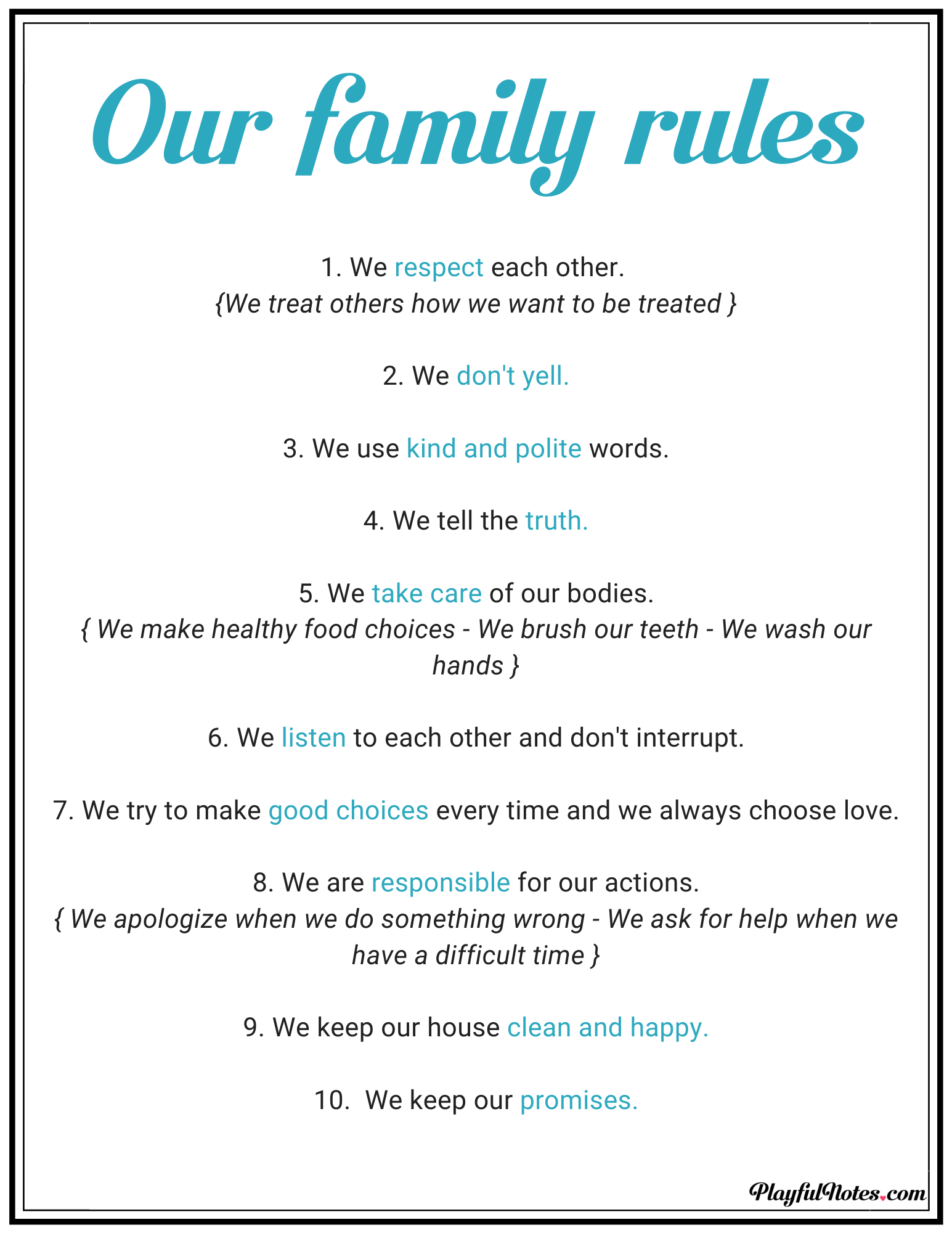 Printable Family House Rules Template