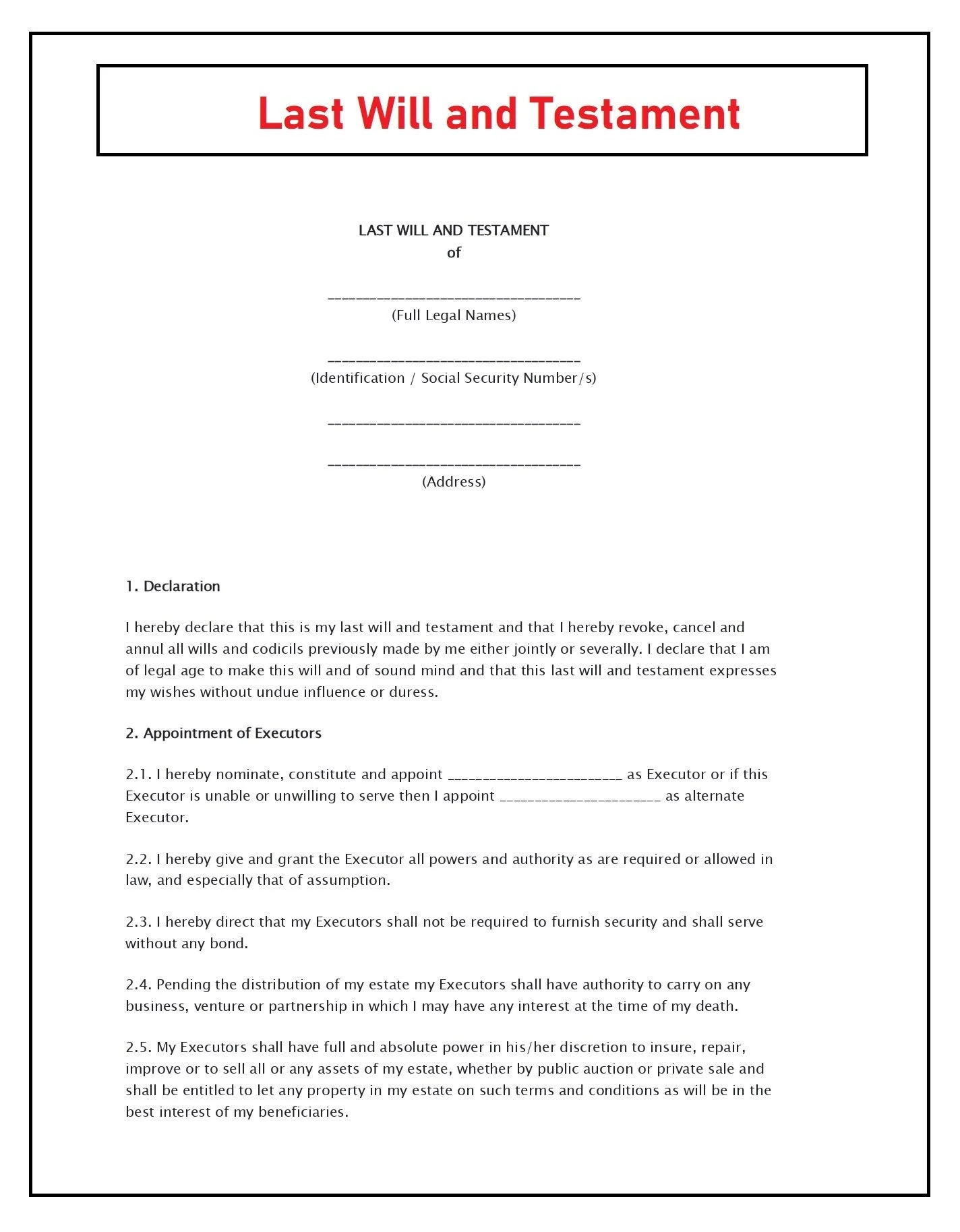 Last Will And Testament Last Will And Testament Template
