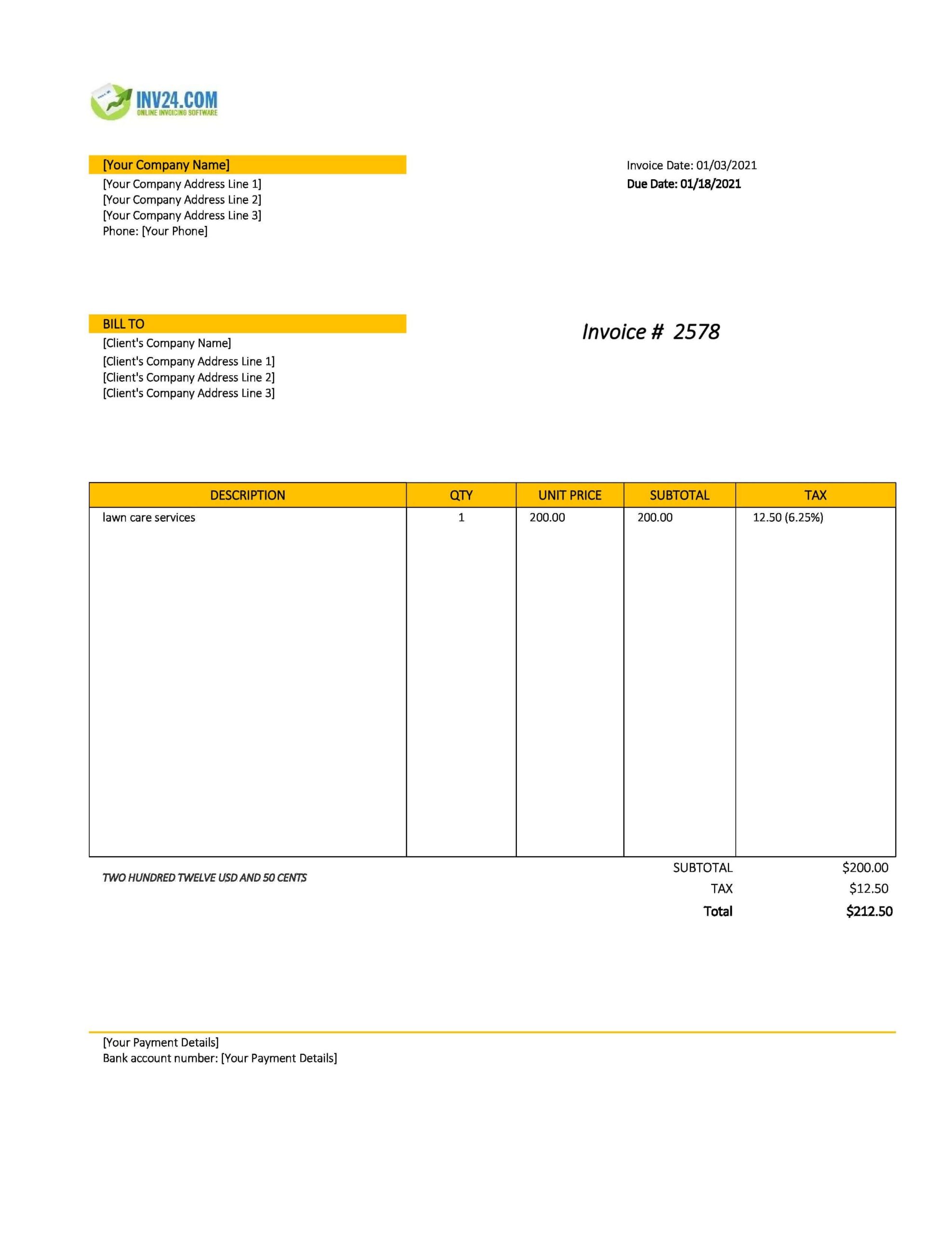 Blank Printable Lawn Care Invoice Template