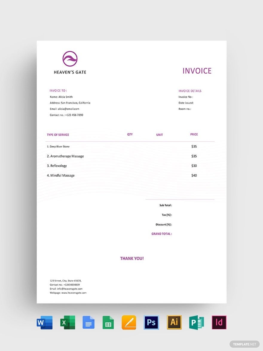 Printable Format Massage Invoice Template Printable Format Massage Invoice Template