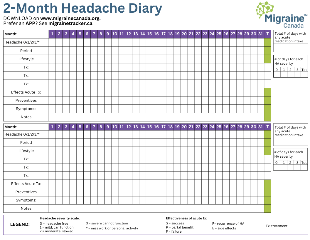 Printable Migraine Diary Templates Migraine Canada