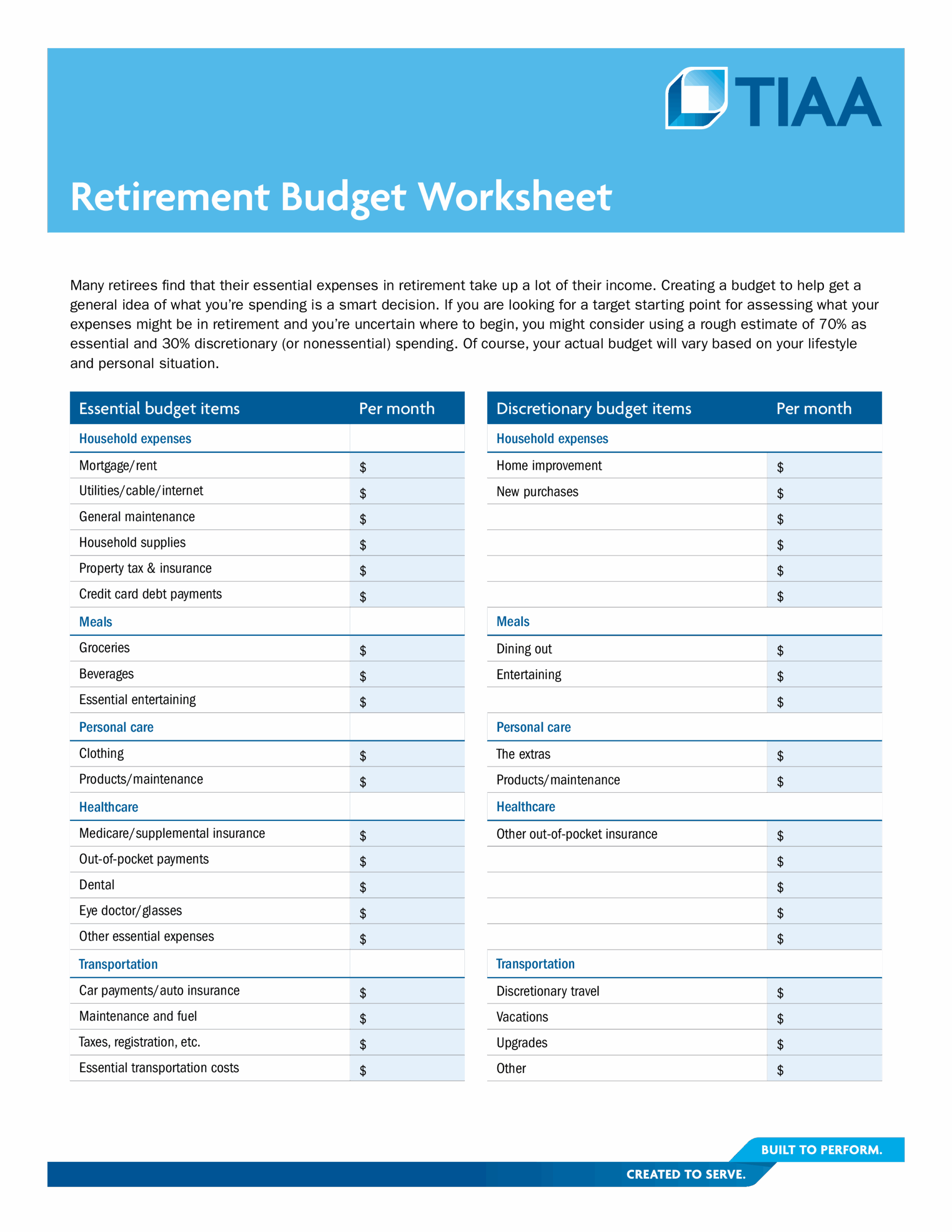Printable Template Free Retirement Budget Worksheet