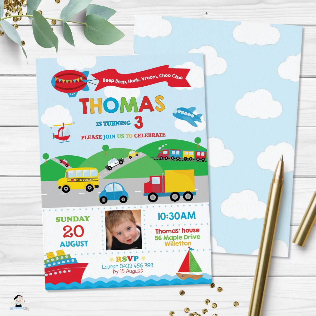Transportation Birthday Party Invitation Instant EDITABLE TEMPLATE TR1