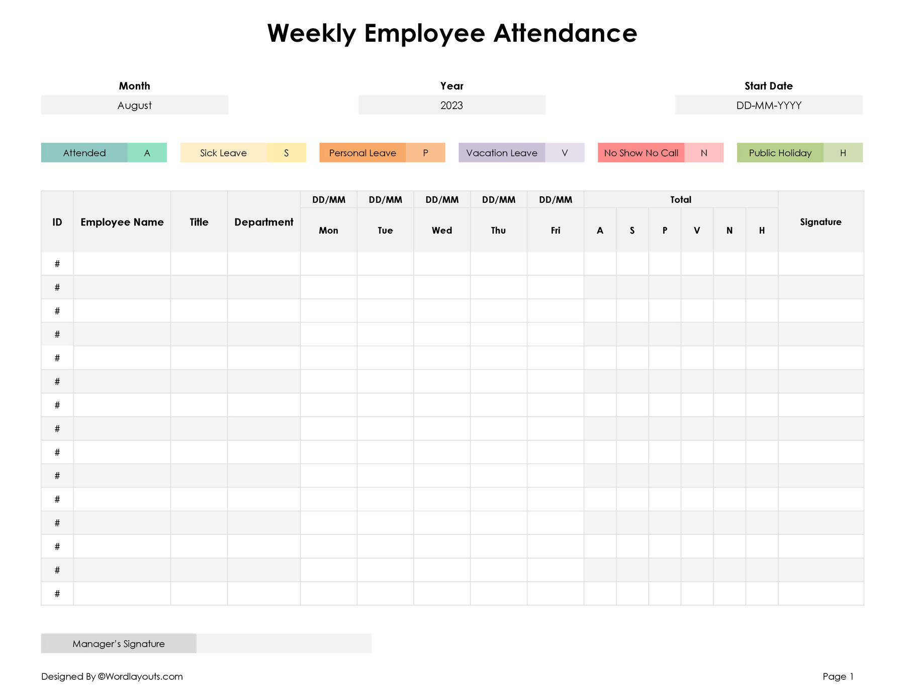 Weekly Attendance Sheet Template For Excel amp Word