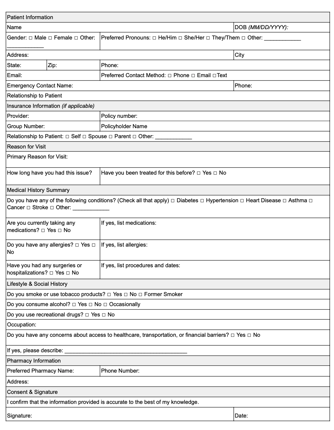 New Patient Intake Form Template Free Download