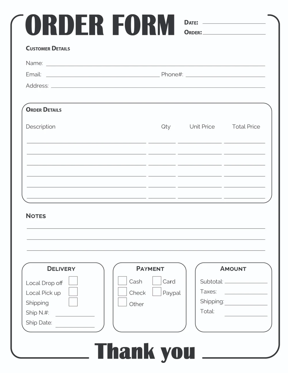 Printable Order Form Template 2 Options