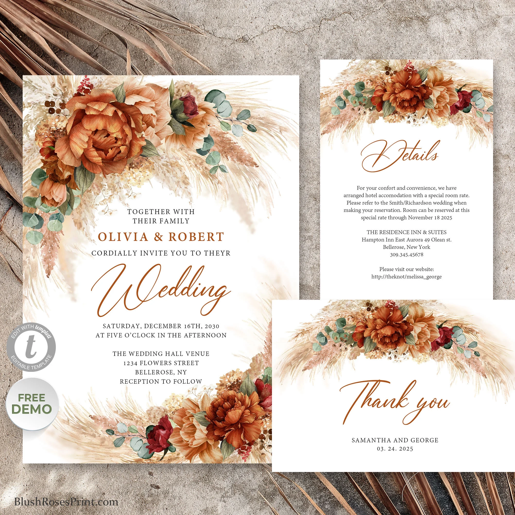 Terracotta Wedding Invitation Template Tropical Burnt Orange